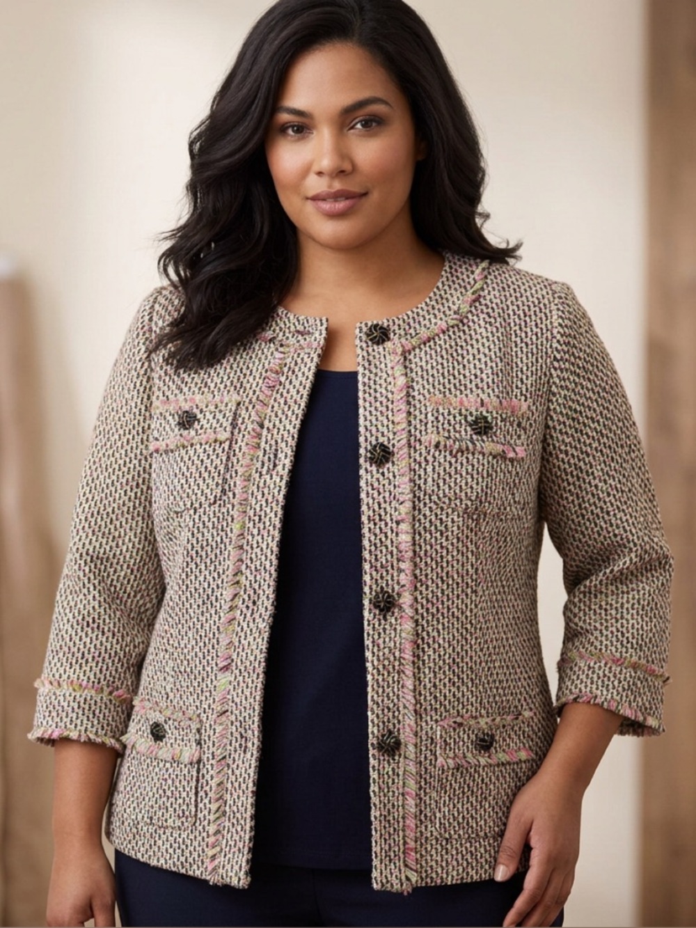 Talbots Tweed Jacket XL Fringe Trim Chanel Style Multicolor Pink Green